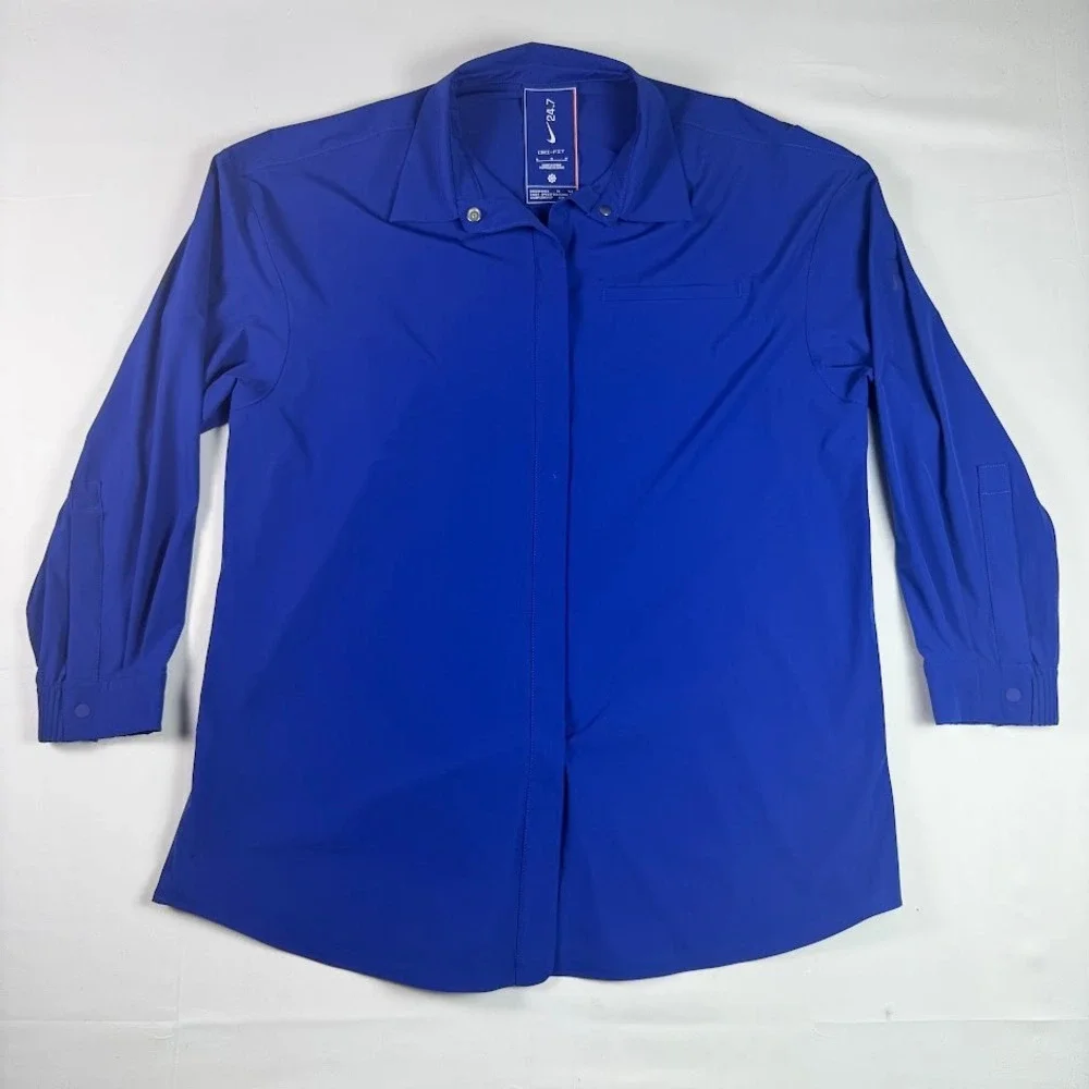 Nike 24.7 Dri-FIT Oversized Royal Blue Snap Buttons Long Sleeve Shirt Womens M